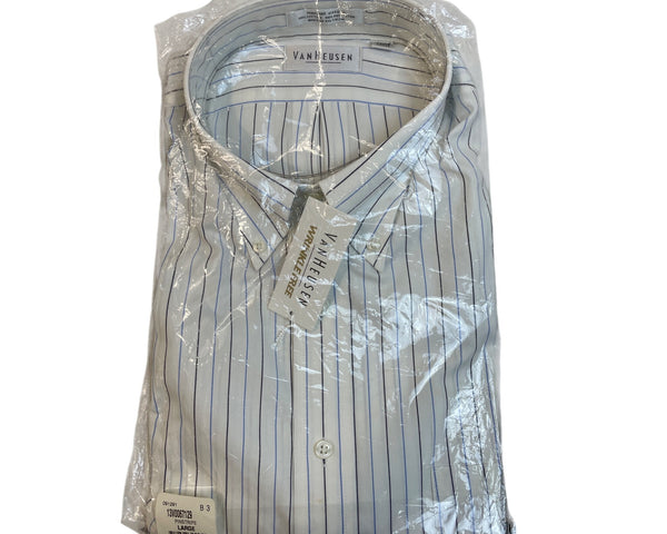 Van Heusen Pinstripe Wrinkle-Free Oxford Shirt White & Blue Stripes Sz L - New