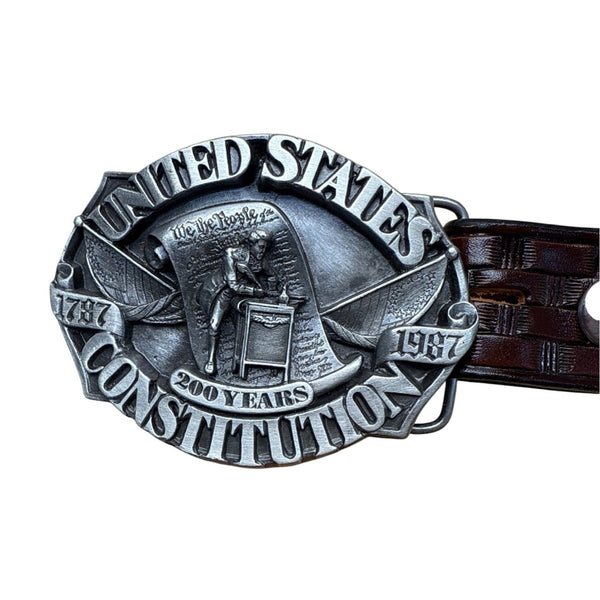 Vtg Siskiyou 1986 US Constitution Belt With Pewter Buckle 200 Yrs Brown Leather