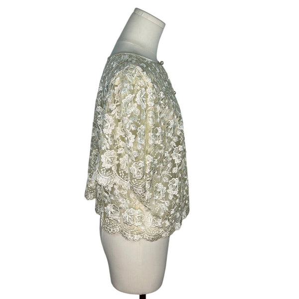 Vintage Raffaella Ivory Floral Lace Short Sleeve Blouse With Pearl Button Accents