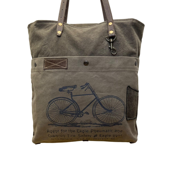 Myra Bag Womens Olive Cotton Canvas With & Leather Straps Bicycle Graphic Tote