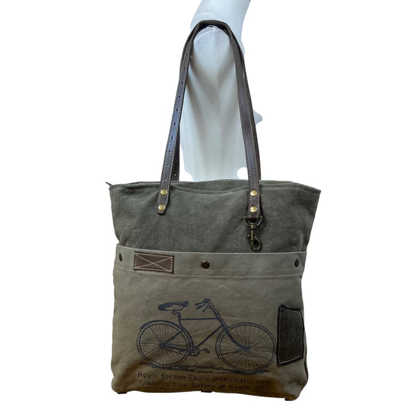 Myra Bag Womens Olive Cotton Canvas With & Leather Straps Bicycle Graphic Tote