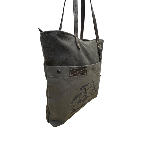 Myra Bag Womens Olive Cotton Canvas With & Leather Straps Bicycle Graphic Tote