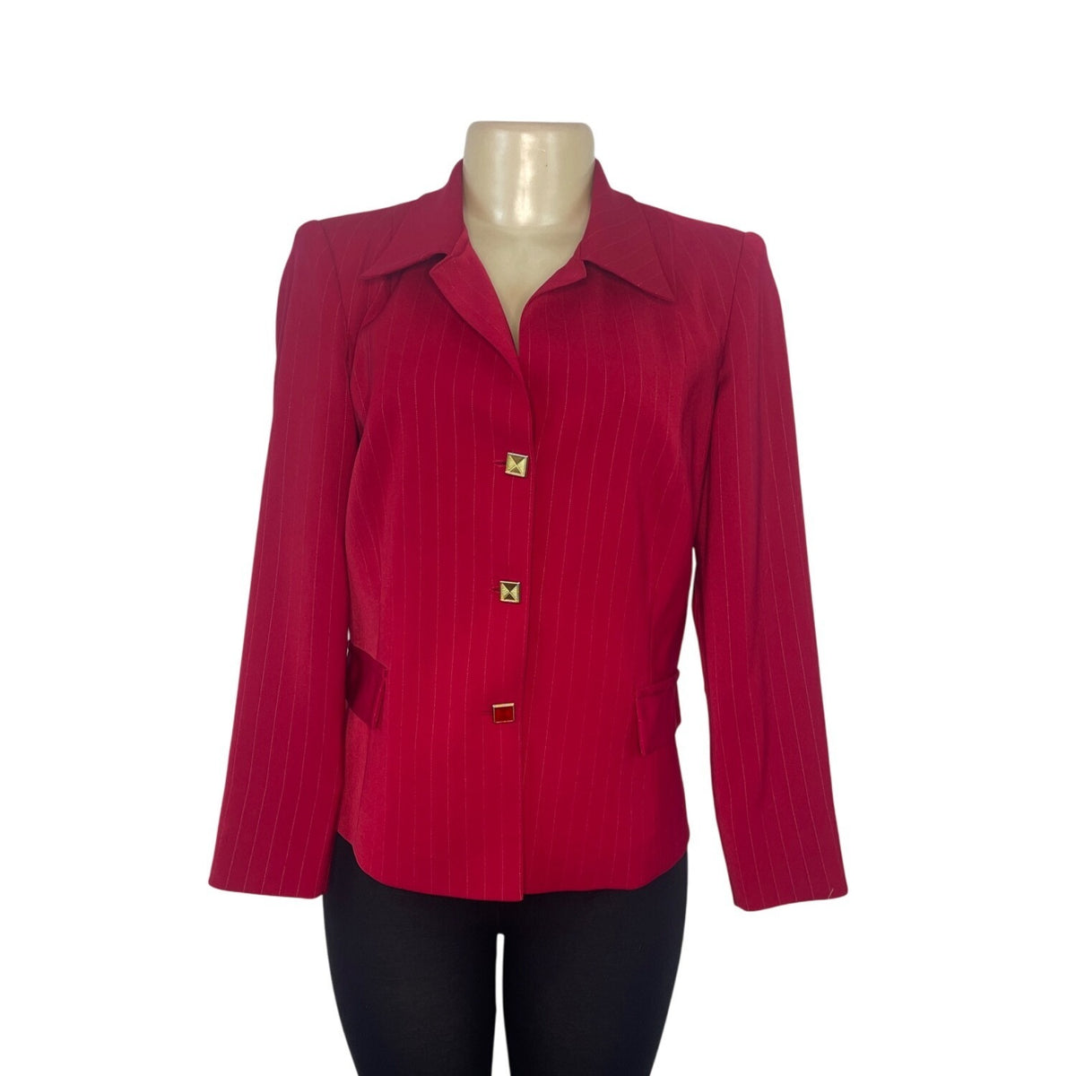 Vintage Alonso Women's Red Pinstripe Blazer With Gold Diamond Buttoned Cuffs