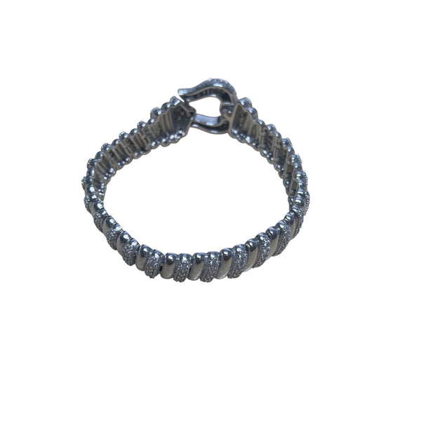 Silver-Tone Womens Rhinestone Bracelet With Textured Design & Unique Clasp Closure