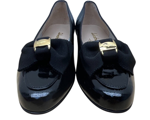 Salvatore Ferragamo Black Patent Leather Paragone Vara Bow Loafers Sz 5.5 B