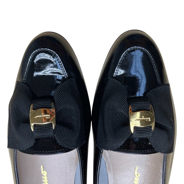 Salvatore Ferragamo Black Patent Leather Paragone Vara Bow Loafers Sz 5.5 B