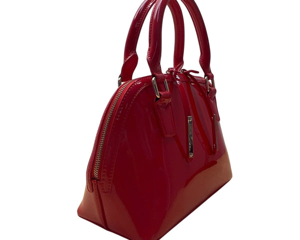 BCBG Red Patent Faux Leather Dome With Gold Hardware Handles Satchel Handbag