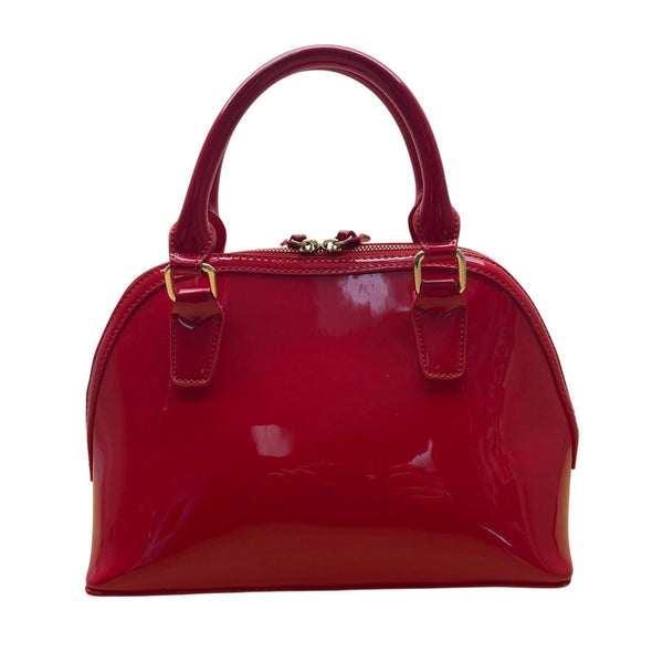 BCBG Red Patent Faux Leather Dome  With Gold Hardware Handles Satchel Handbag
