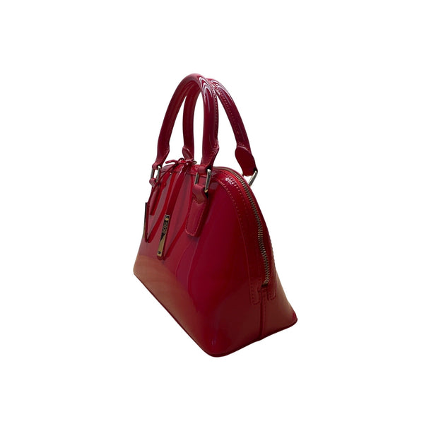 BCBG Red Patent Faux Leather Dome  With Gold Hardware Handles Satchel Handbag