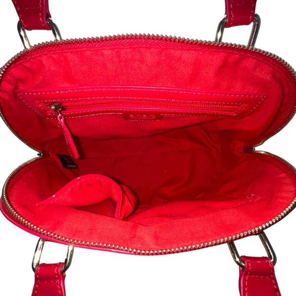 BCBG Red Patent Faux Leather Dome  With Gold Hardware Handles Satchel Handbag