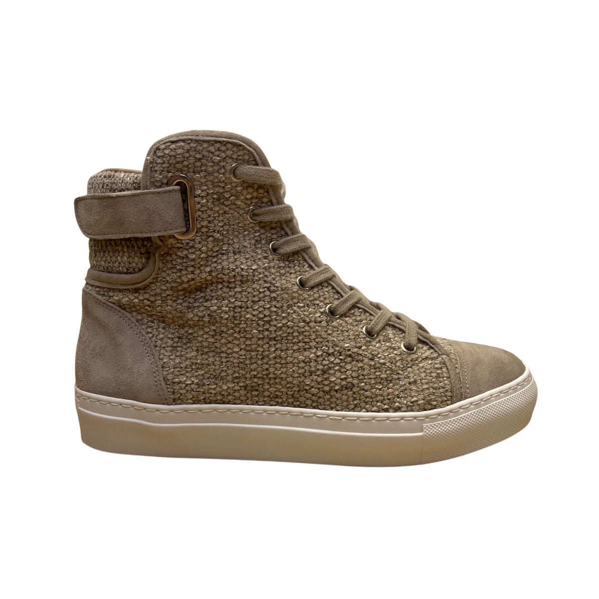 Madeleine Women’s Taupe Leather & Woven Adhesive Strap High-Top Sneakers Size 6