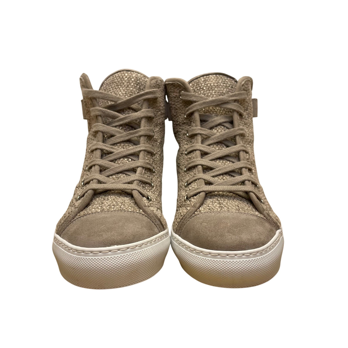 Madeleine Women’s Taupe Leather & Woven Adhesive Strap High-Top Sneakers Size 6