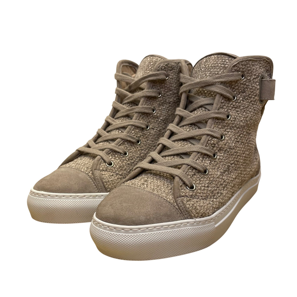 Madeleine Women’s Taupe Leather & Woven Adhesive Strap High-Top Sneakers Size 6