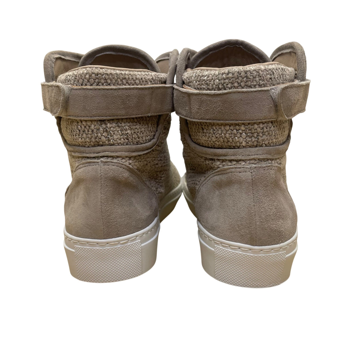 Madeleine Women’s Taupe Leather & Woven Adhesive Strap High-Top Sneakers Size 6