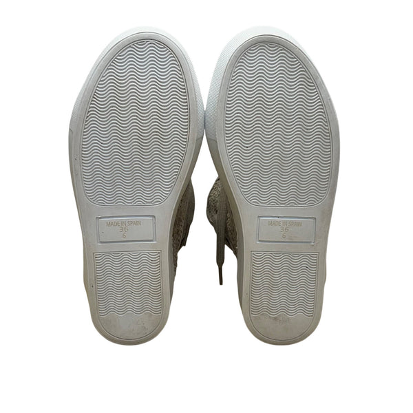 Madeleine Women’s Taupe Leather & Woven Adhesive Strap High-Top Sneakers Size 6