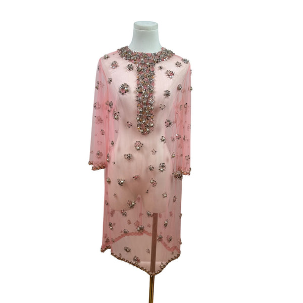 Women's Pink Sheer & Embellished Tunic Dress With Beading & Gems Sz 10