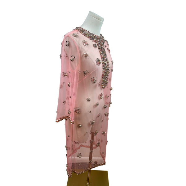 Women's Pink Sheer & Embellished Tunic Dress With Beading & Gems Sz 10