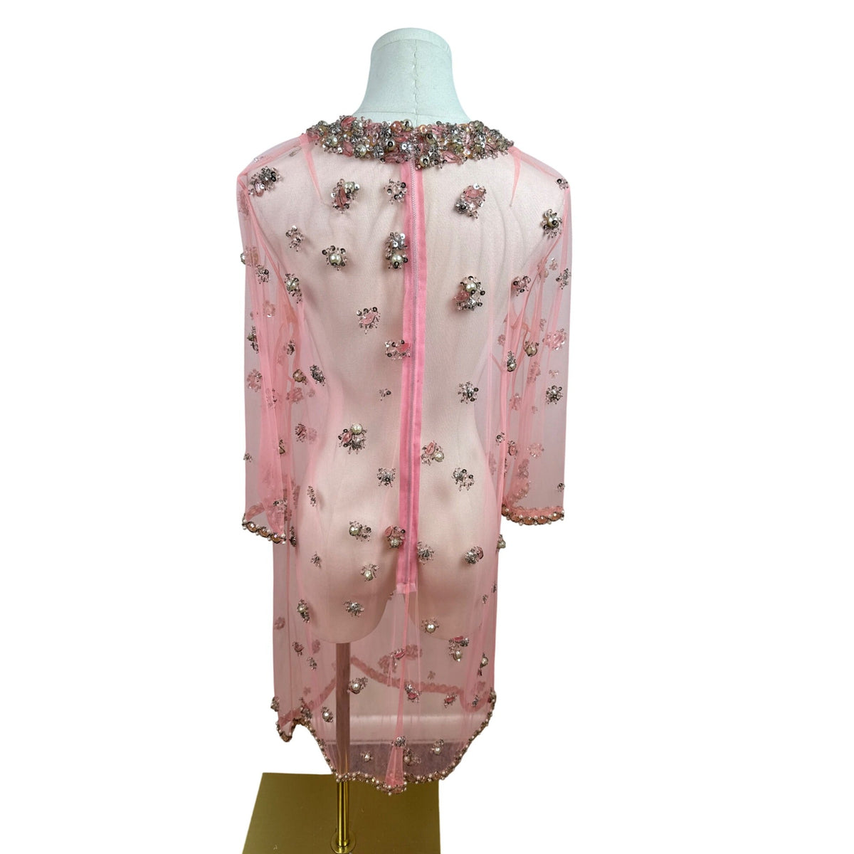 Women's Pink Sheer & Embellished Tunic Dress With Beading & Gems Sz 10