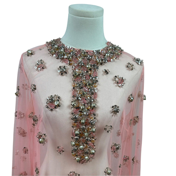 Women's Pink Sheer & Embellished Tunic Dress With Beading & Gems Sz 10