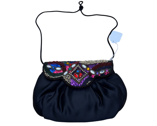 Carolyn Barton Womens Black Satin Beaded Embellished Evening Bag Multicolor Flap