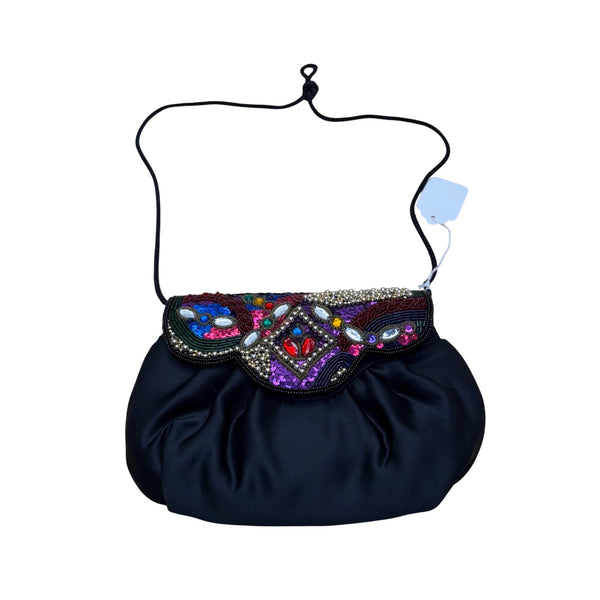 Carolyn Barton Womens Black Satin Beaded Embellished Evening Bag Multicolor Flap