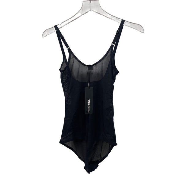 Fashion Nova Womens Black Sheer Mesh Adjustable Strap Bodysuit Size L Stylish Design
