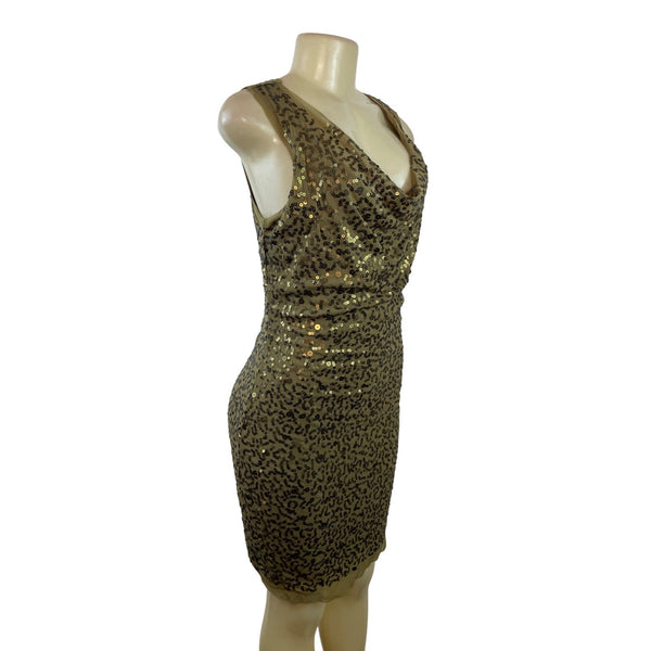 Max Studio Sequin Cocktail Dress Gold & Black Cowl Neck Sleeveless Bodycon Sz M