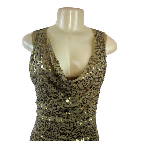 Max Studio Sequin Cocktail Dress Gold & Black Cowl Neck Sleeveless Bodycon Sz M