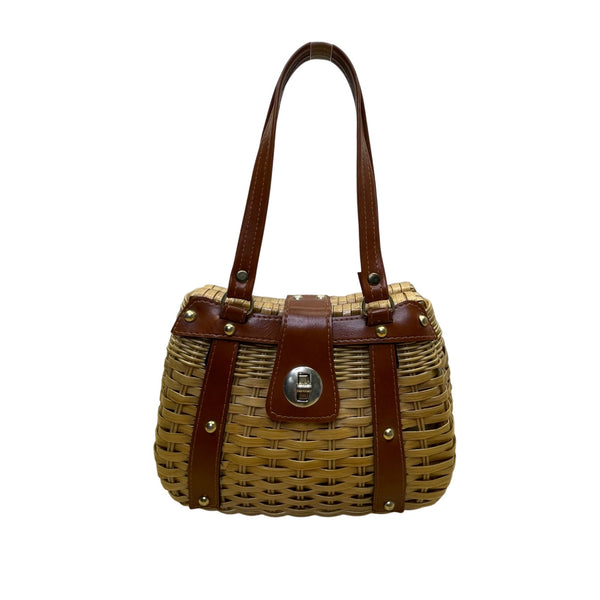 Mister Ernest Women’s Tan/Brown Woven Rattan With Long Handle & Faux Leather Accents Purse