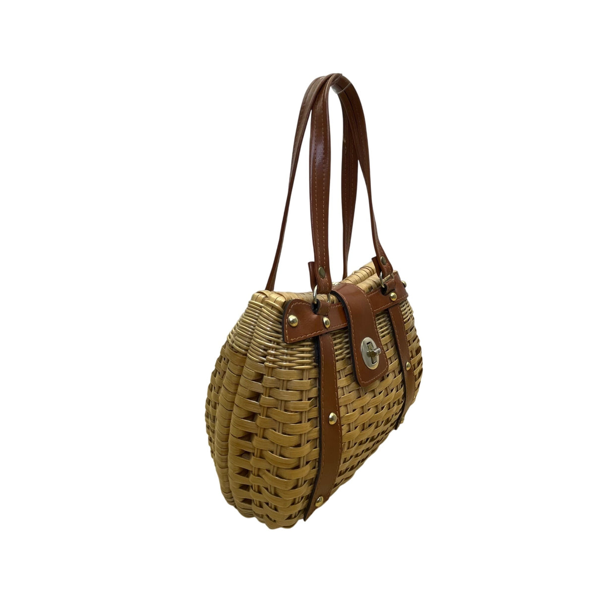Mister Ernest Women’s Tan/Brown Woven Rattan With Long Handle & Faux Leather Accents Purse