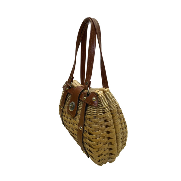 Mister Ernest Women’s Tan/Brown Woven Rattan With Long Handle & Faux Leather Accents Purse