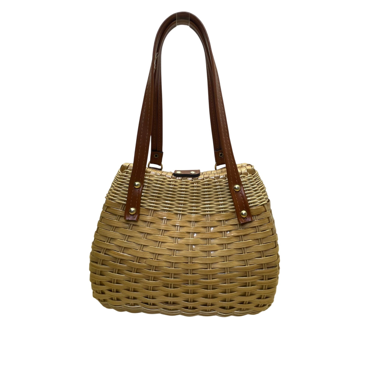 Mister Ernest Women’s Tan/Brown Woven Rattan With Long Handle & Faux Leather Accents Purse