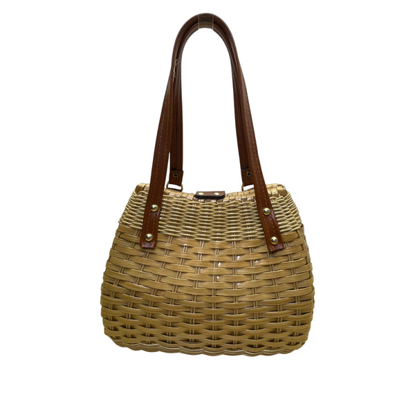 Mister Ernest Women’s Tan/Brown Woven Rattan With Long Handle & Faux Leather Accents Purse
