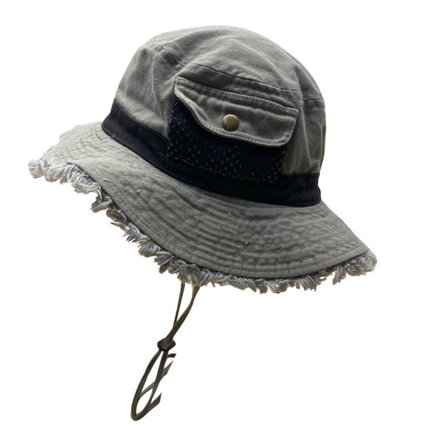 Royal Headware Frayed Edge Gray Black Bucket Hat Boonie Pocket Detail Sz 59 M