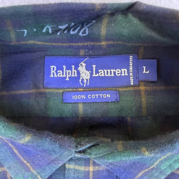 Ralph Lauren Mens Green/Blue Cotton Plaid Long Sleeve Button-Down Shirt Size L