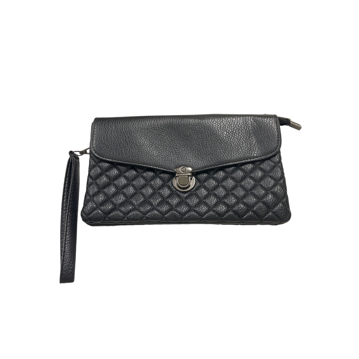 Black Quilted Crossbody Leather Clutch With Wristlet Strap