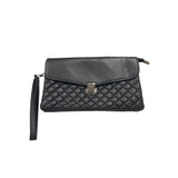 Black Quilted Crossbody Leather Clutch With Wristlet Strap
