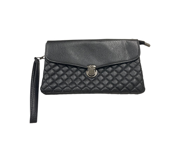 Black Quilted Crossbody Leather Clutch With Wristlet Strap