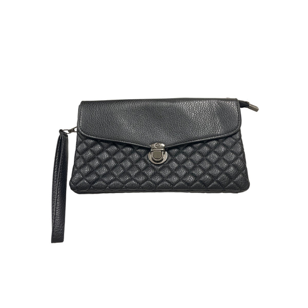 Black Quilted Crossbody Leather Clutch With Wristlet Strap