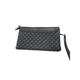 Black Quilted Crossbody Leather Clutch With Wristlet Strap