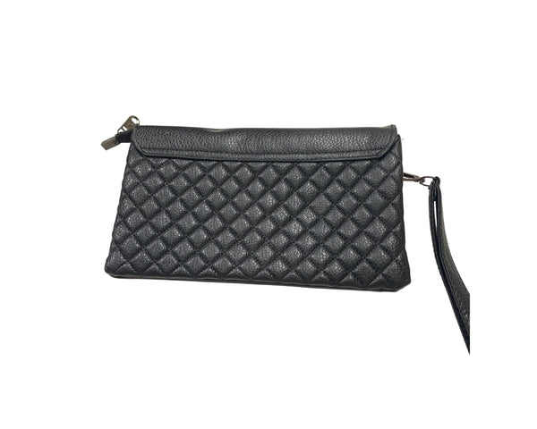 Black Quilted Crossbody Leather Clutch With Wristlet Strap