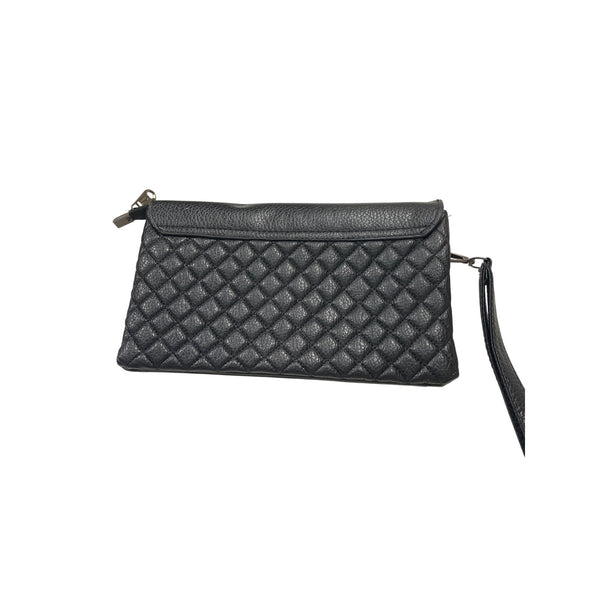 Black Quilted Crossbody Leather Clutch With Wristlet Strap