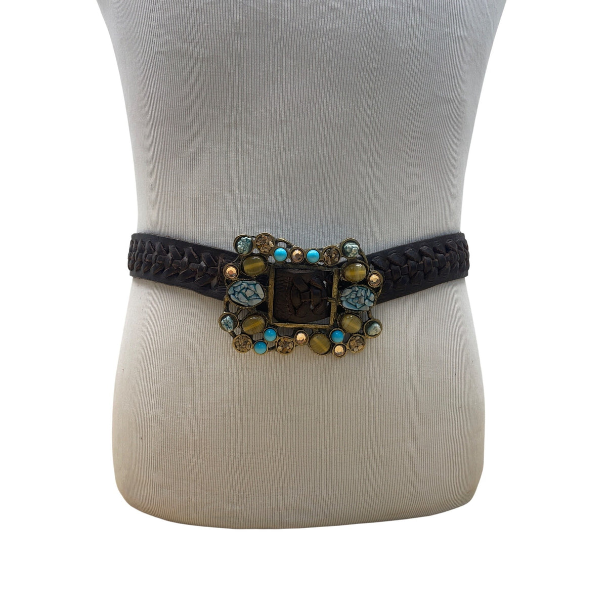 Handcrafted Brown Braided Leather Belt With Gemstone Embellished Buckle For Women