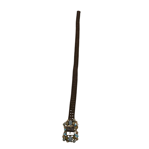 Handcrafted Brown Braided Leather Belt With Gemstone Embellished Buckle For Women