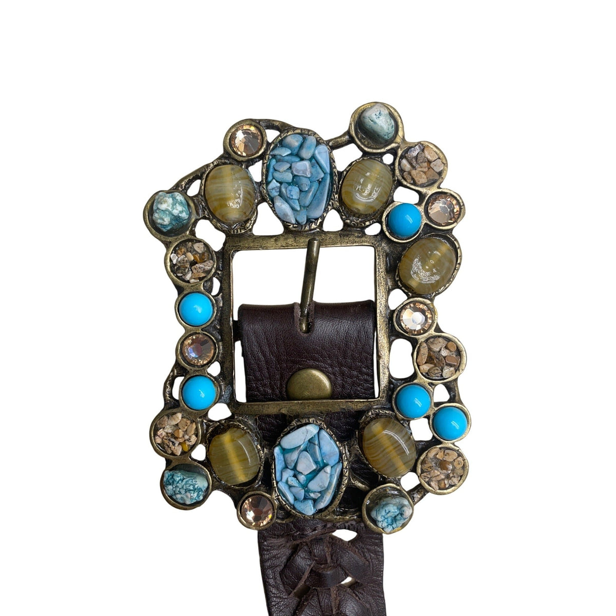 Handcrafted Brown Braided Leather Belt With Gemstone Embellished Buckle For Women
