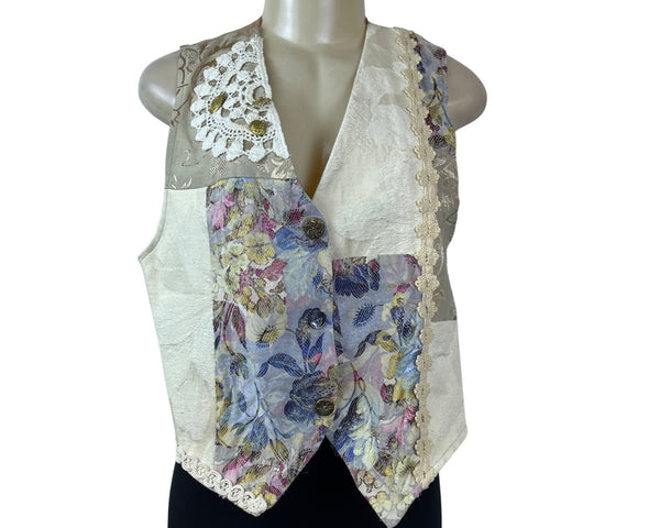 Vintage Facets Womens Beige Multicolor Patchwork Vest Button-Up Sz M