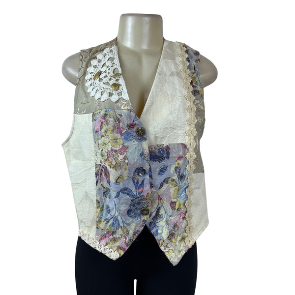 Vintage Facets Women's Beige Multicolor Patchwork Vest Button Up Size M