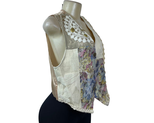 Vintage Facets Womens Beige Multicolor Patchwork Vest Button-Up Sz M