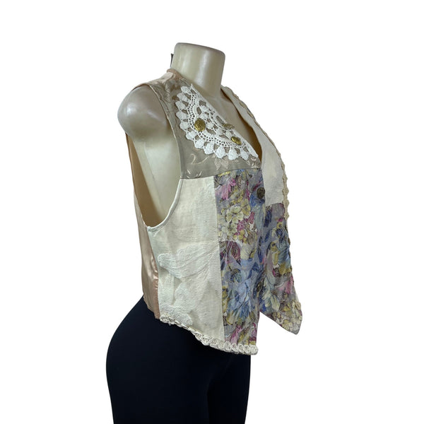 Vintage Facets Women's Beige Multicolor Patchwork Vest Button Up Size M