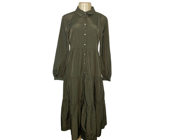 Zara Olive Green Button-Up Long-Sleeve Midi Dress Sz XS - New